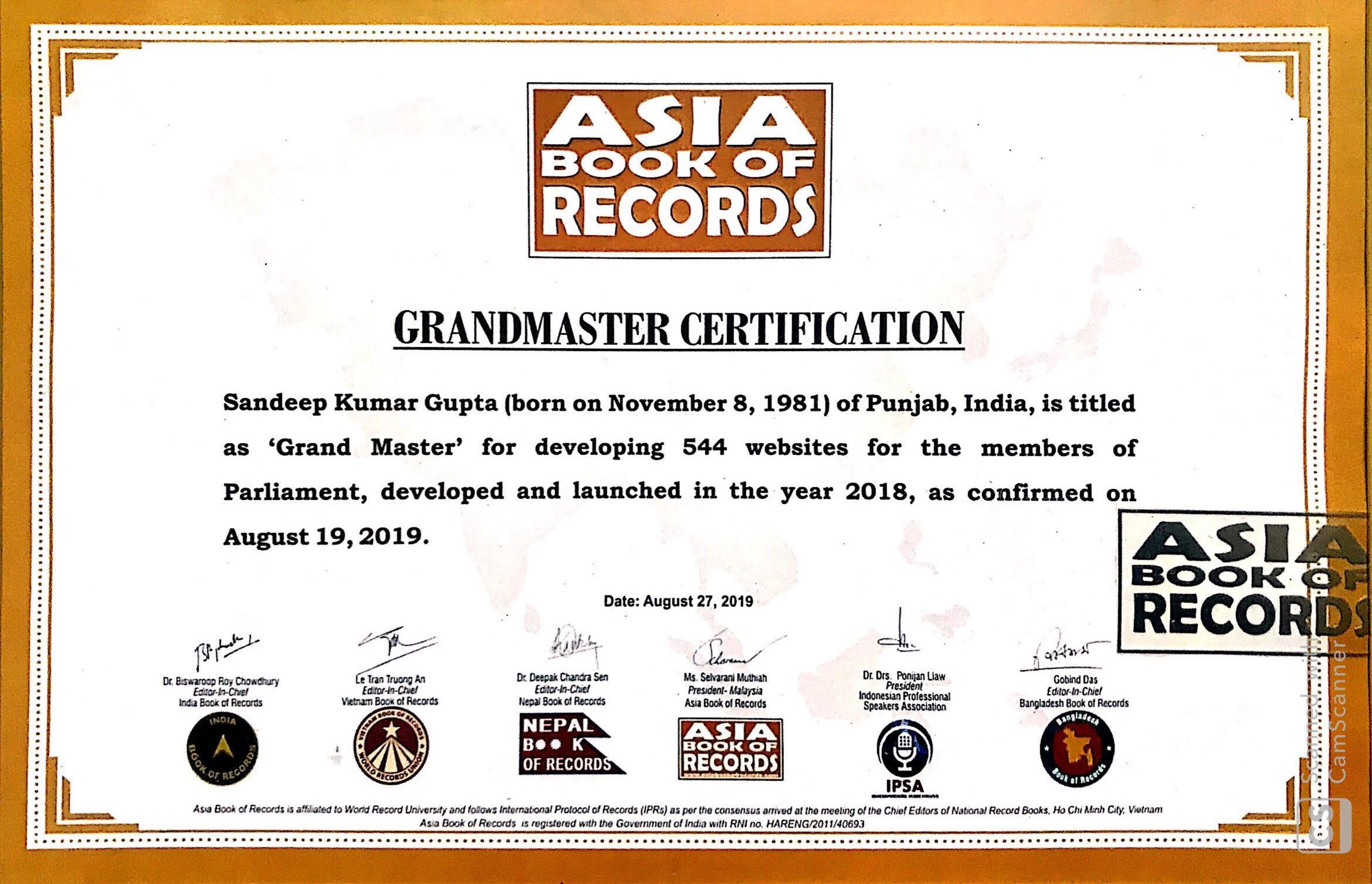 Asia Book of Records Certificate